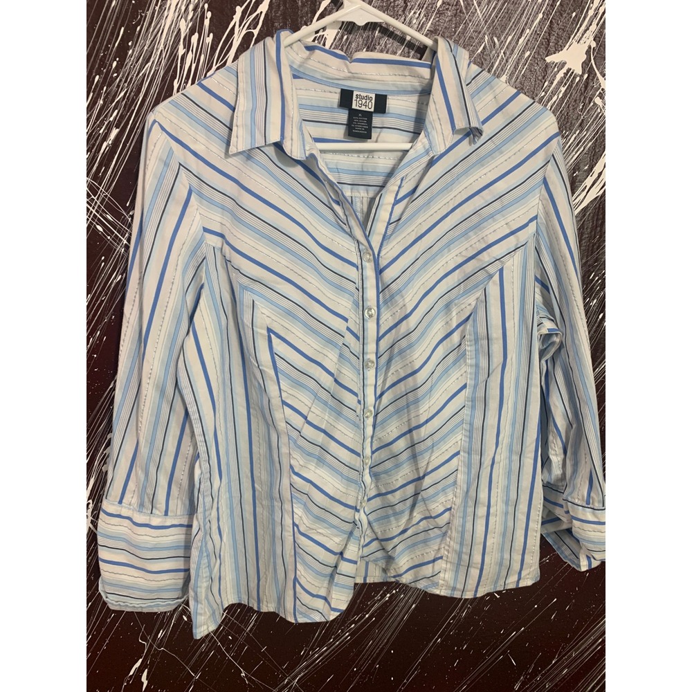 Vintage Studio 1940 Blue White Striped Button Down Blouse Silver Metallic XL